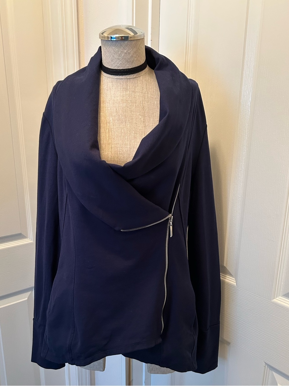 White House Black Market Navy Ponte jacket with asymmetrical zipper